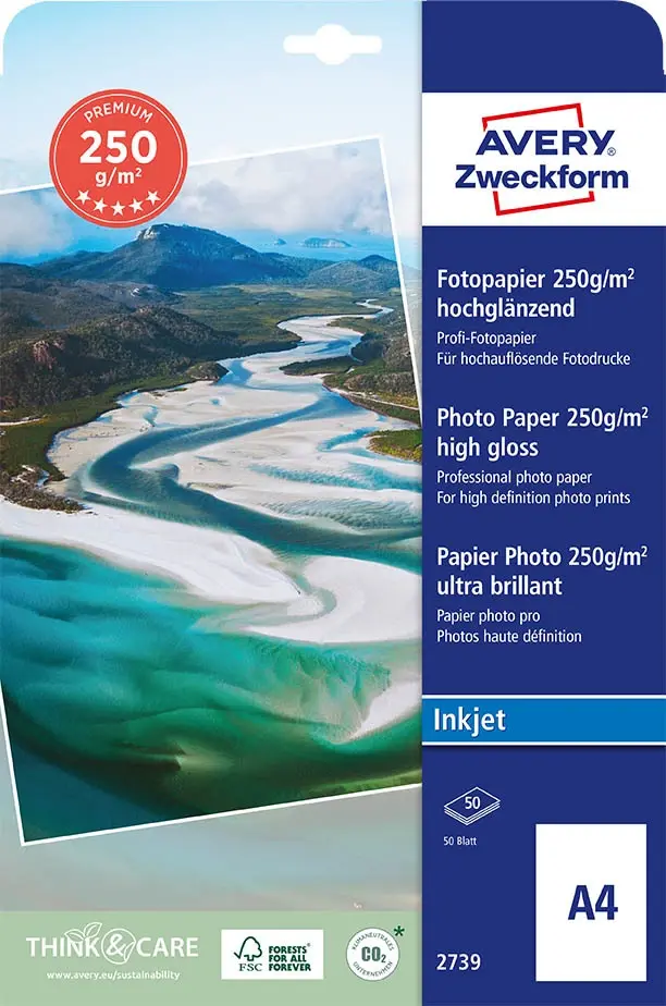 Fotopapir Avery inkjet A4 50 ark/250g Premium dobbeltsidet
