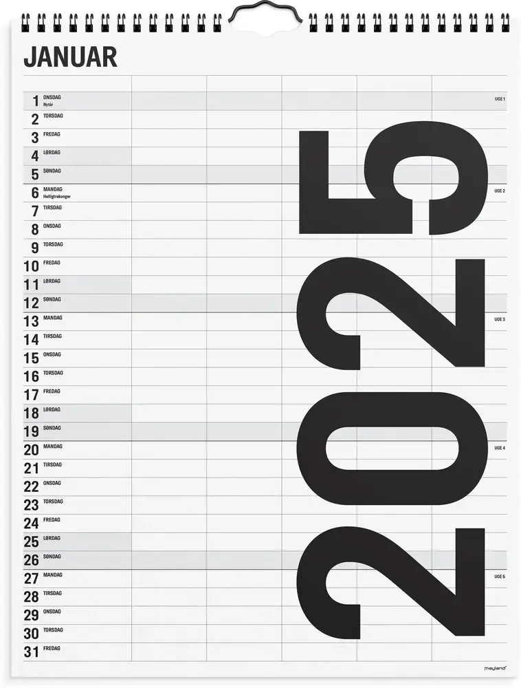 Mayland Familiekalender 2025 sort/hvid 5 kol